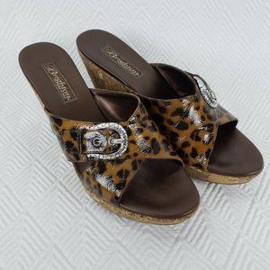 Brighton Womens Wedge Cork Patent Leather Leopard Print Sandals Italy Size 8M